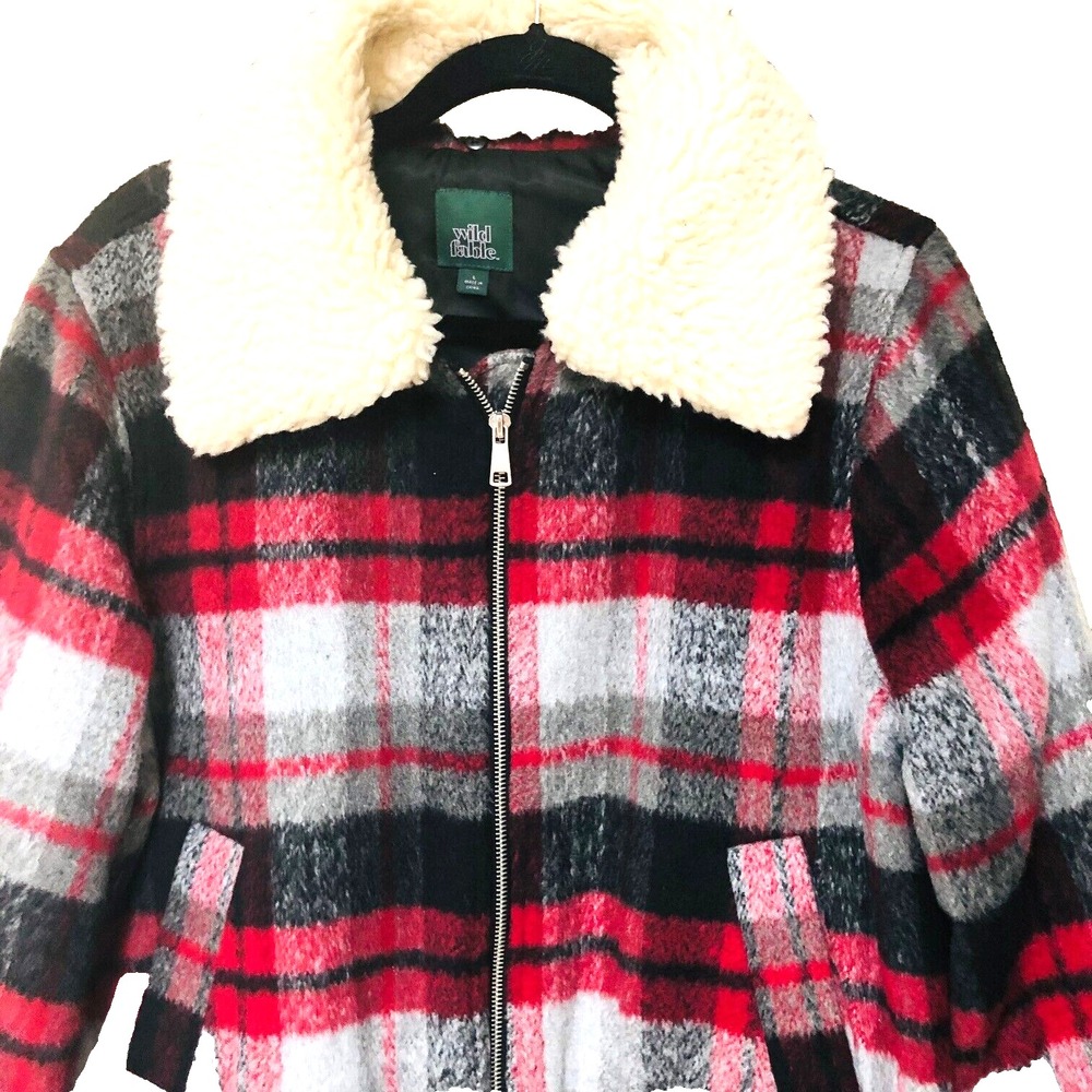 Wild Fable Womens Plaid Zip Crop Jacket L Wool Blend Detachable Sherpa Collar